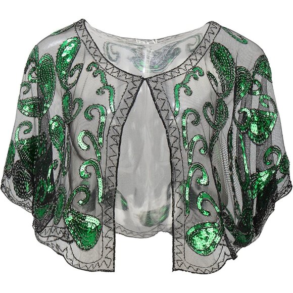 🆕 Women Green Sequin Beaded Evening Cape Bridal Shawl Bolero Flapper Cover Up - Picture 1 of 6